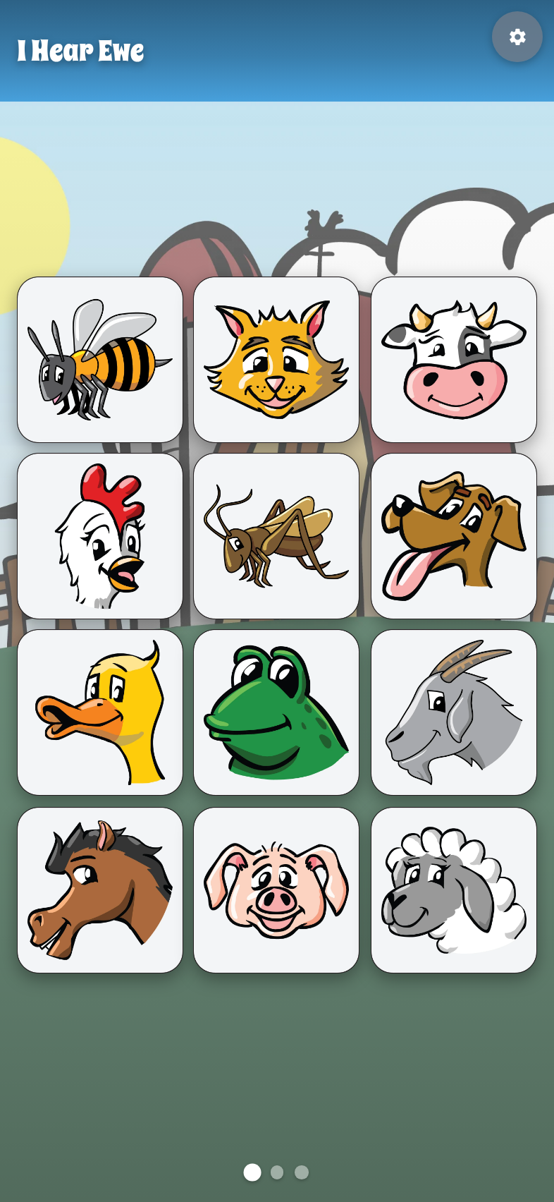 I Hear Ewe app showing a grid of cartoon animal faces